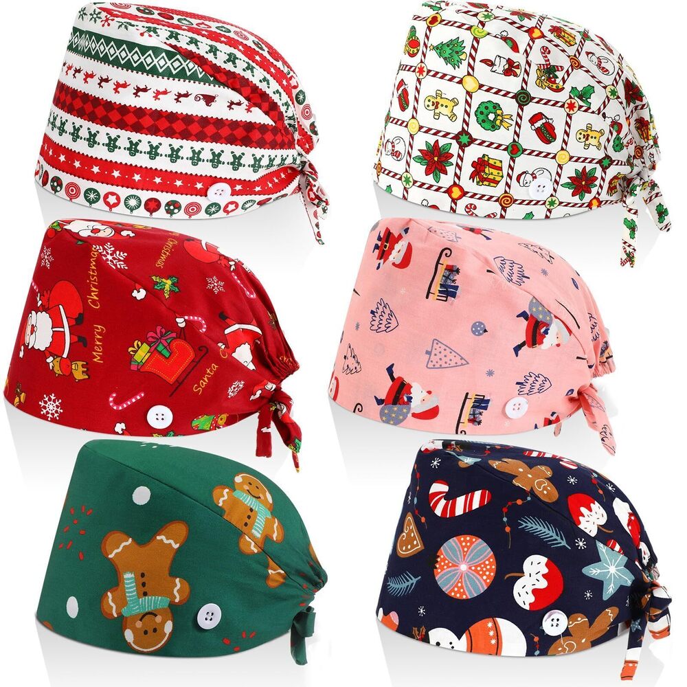 6052 6 Pcs Christmas Bouffant Scrub Cap with Buttons Adjustable Xmas